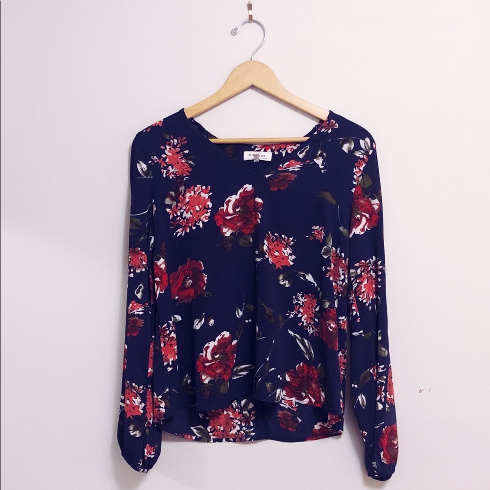 Royal Blue and Red Floral Blouse with Keyhole Back